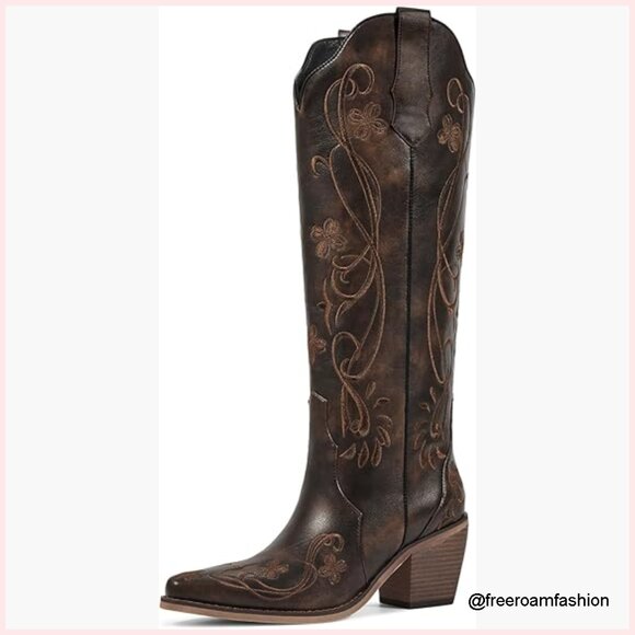 Knee High Cowboy Boots with Floral Embroidery Chunky Heel Pull On Vintage